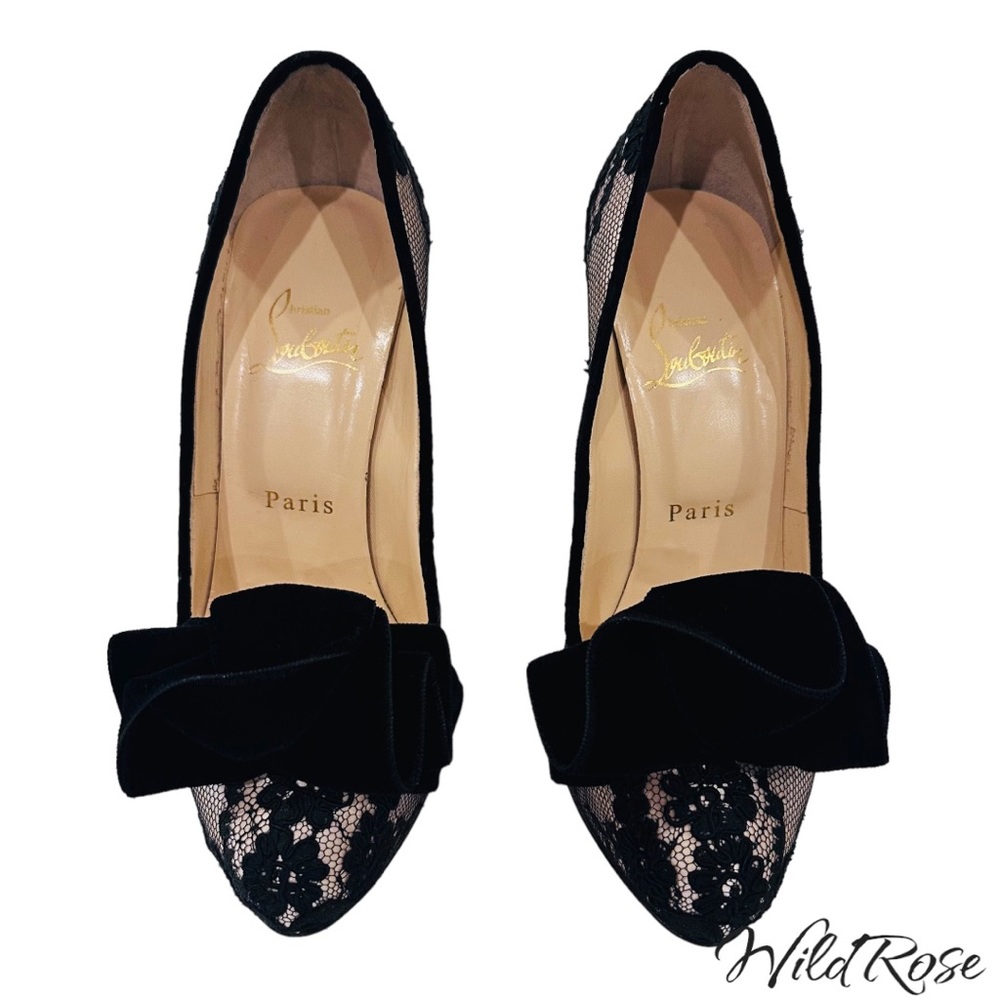 CHRISTIAN LOUBOUTIN “Lady Page” Black Floral Lace &Velvet Nude Heels SZ 36 - Picture 3 of 17